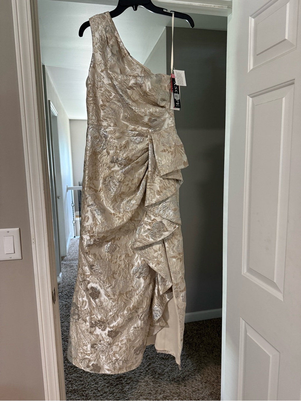 Xscape One-Shoulder Ivory Brocade Cocktail Dress